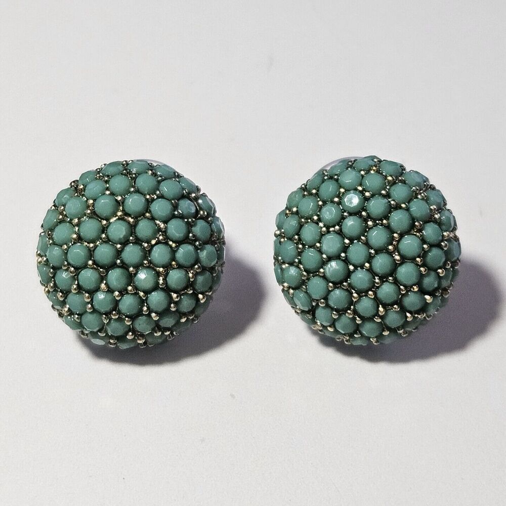 Vintage Gold Tone Blue Beaded Dome Earrings